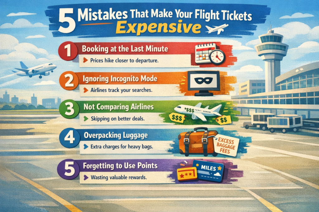 Common mistakes that make flight tickets expensive illustrated with travel booking concept