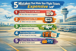 Common mistakes that make flight tickets expensive illustrated with travel booking concept