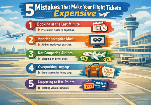 Common mistakes that make flight tickets expensive illustrated with travel booking concept