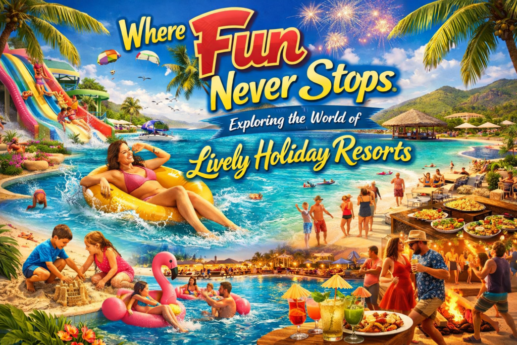 People enjoying activities at a lively holiday resort with poolside entertainment and beach views