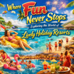 People enjoying activities at a lively holiday resort with poolside entertainment and beach views