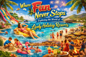 People enjoying activities at a lively holiday resort with poolside entertainment and beach views