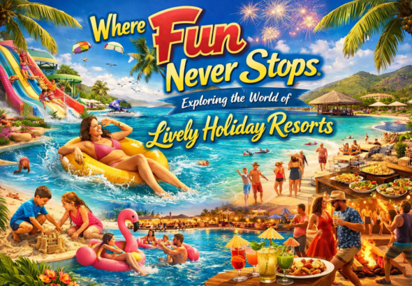 People enjoying activities at a lively holiday resort with poolside entertainment and beach views