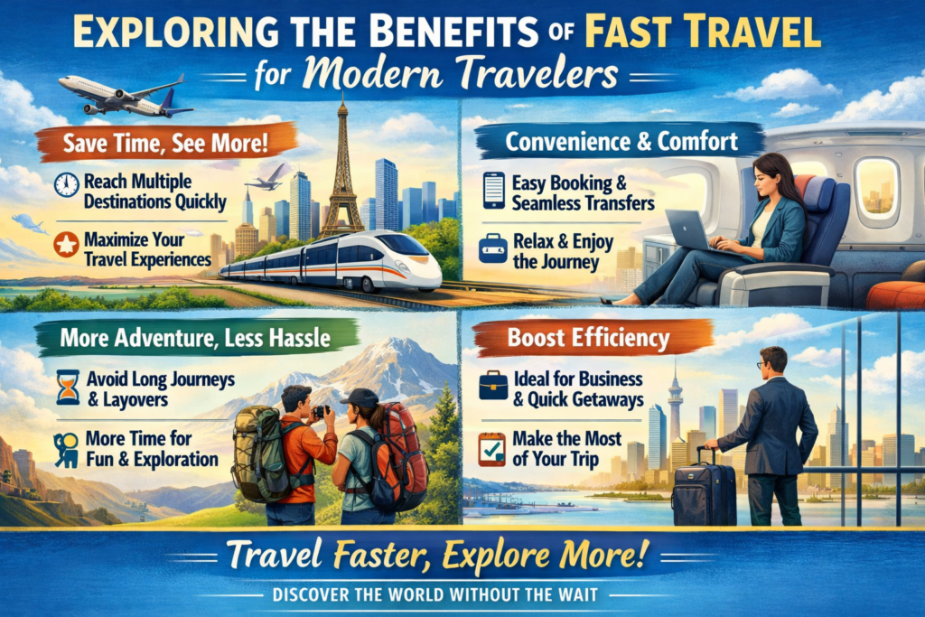 Modern fast travel scene showing high-speed train and airplane representing quick global transportation